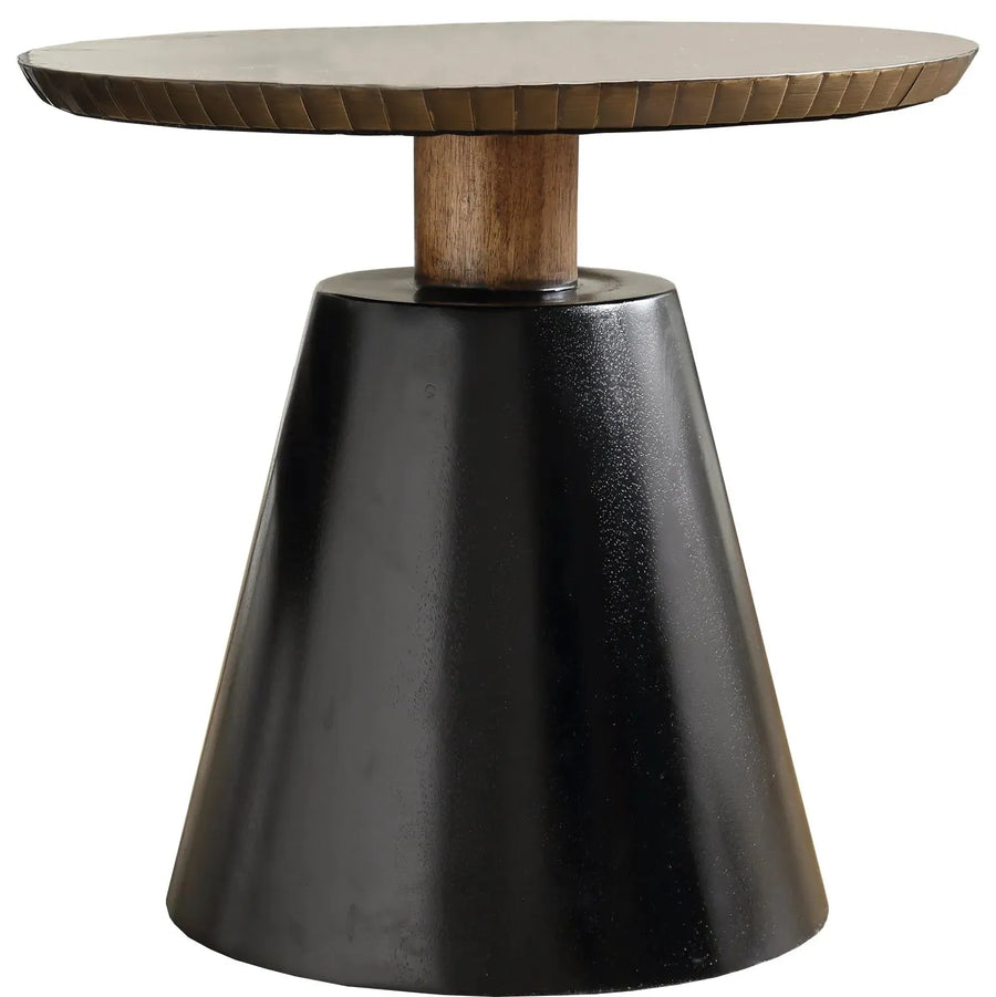 Vintage wooden round side table vintage brass in white background.