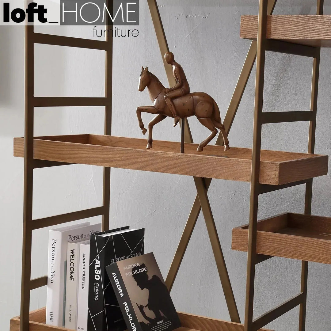 Industrial wooden display shelf lawn in still life.