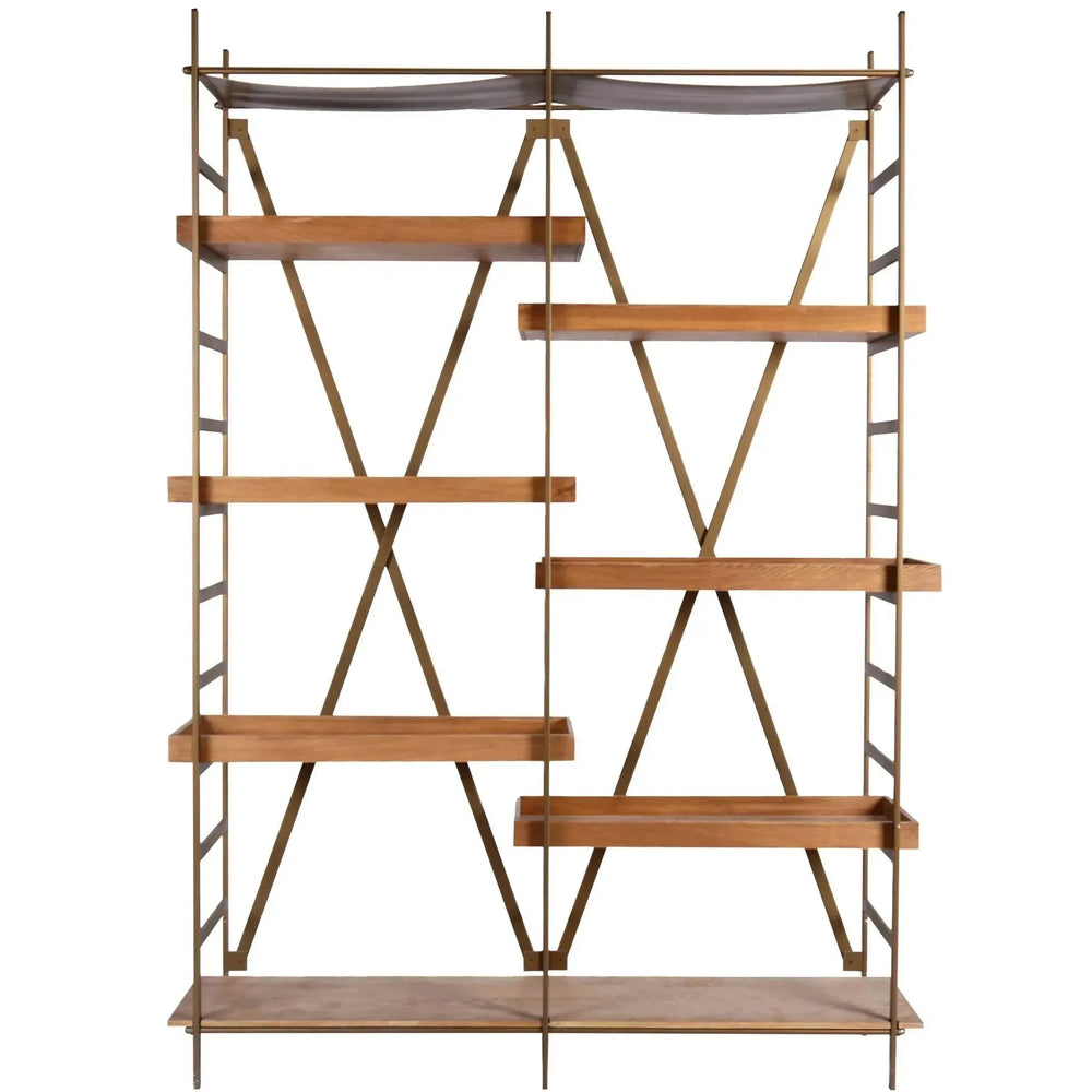Industrial wooden display shelf lawn in white background.
