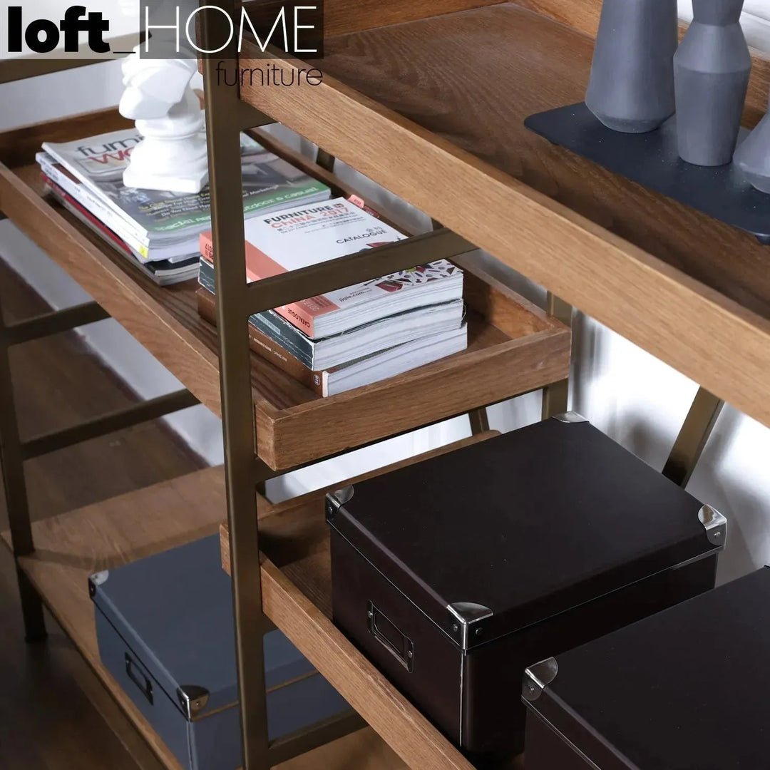 Industrial wooden display shelf lawn in panoramic view.