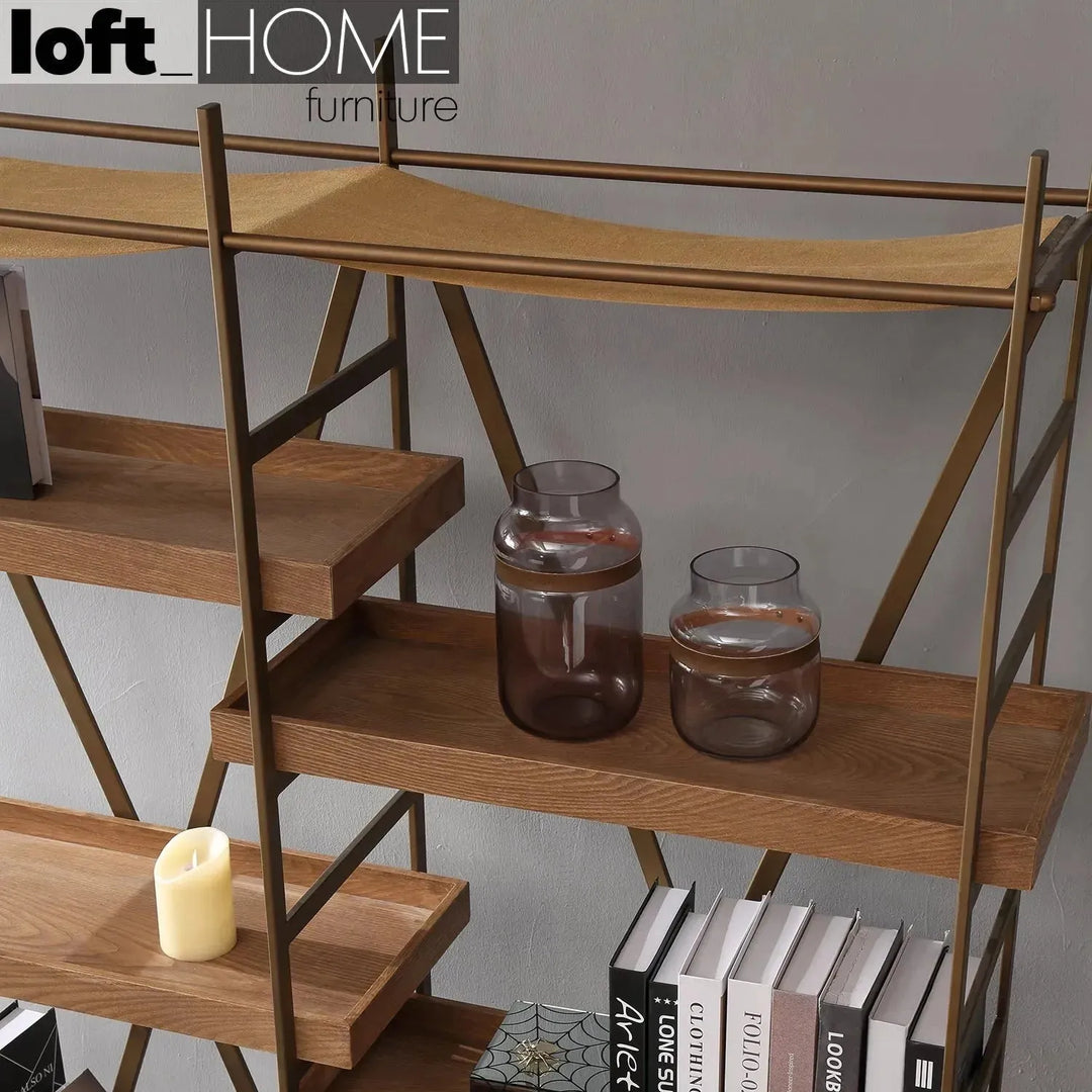Industrial wooden display shelf lawn in details.
