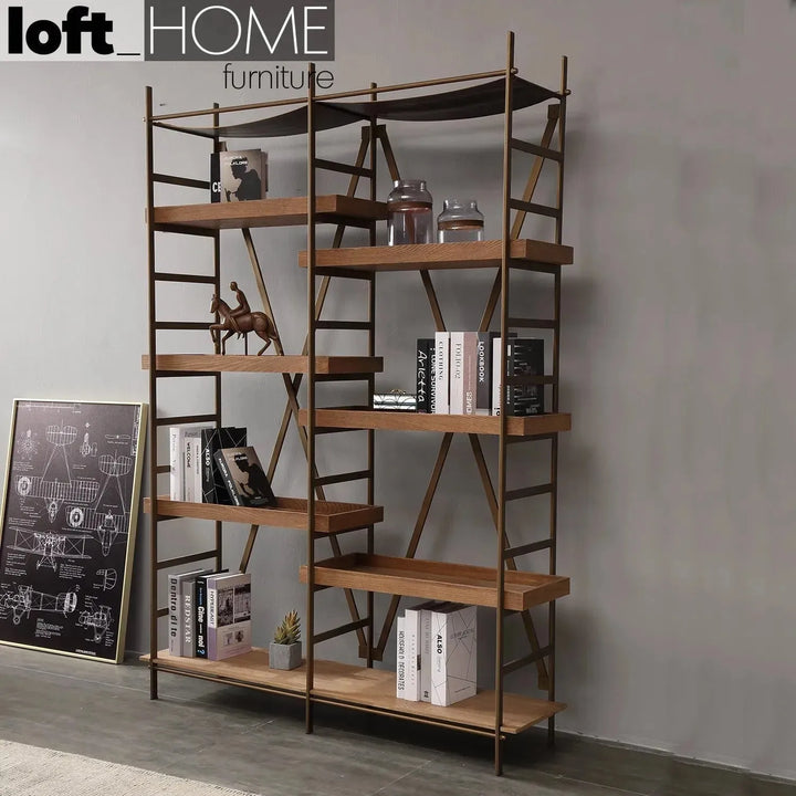 Industrial wooden display shelf lawn primary product view.