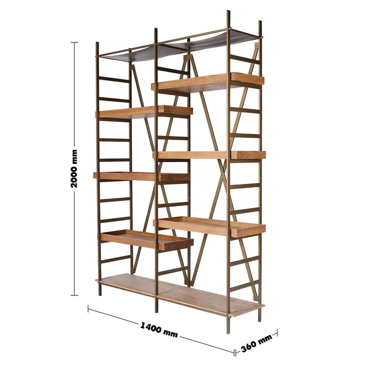 Industrial wooden display shelf lawn size charts.