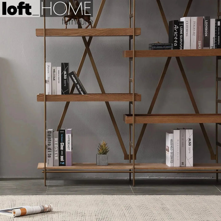 Industrial wooden display shelf lawn material variants.