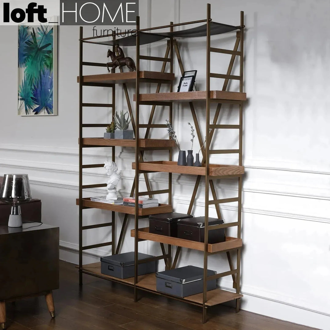 Industrial wooden display shelf lawn in real life style.