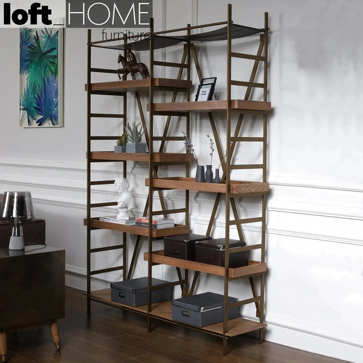 Industrial wooden display shelf lawn in real life style.