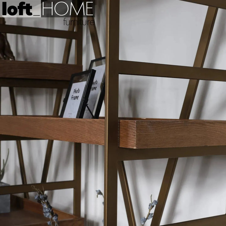 Industrial wooden display shelf lawn in close up details.