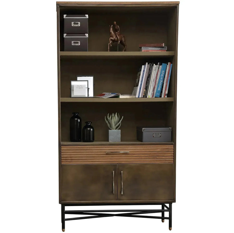 Vintage wooden bookshelf vintage brass in white background.