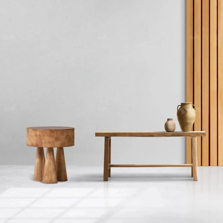 Rustic wooden side table stumpy in real life style.