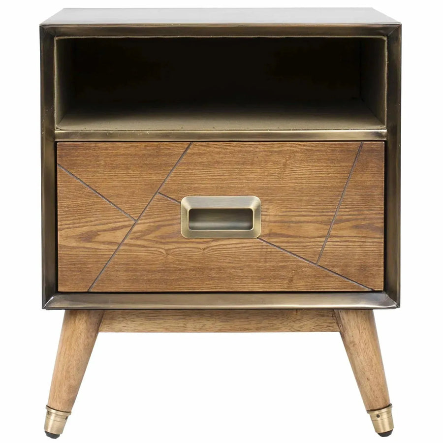 Vintage wooden side table vintage brass in white background.