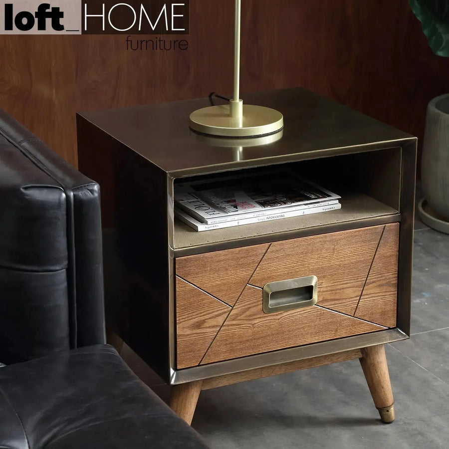 Vintage wooden side table vintage brass primary product view.