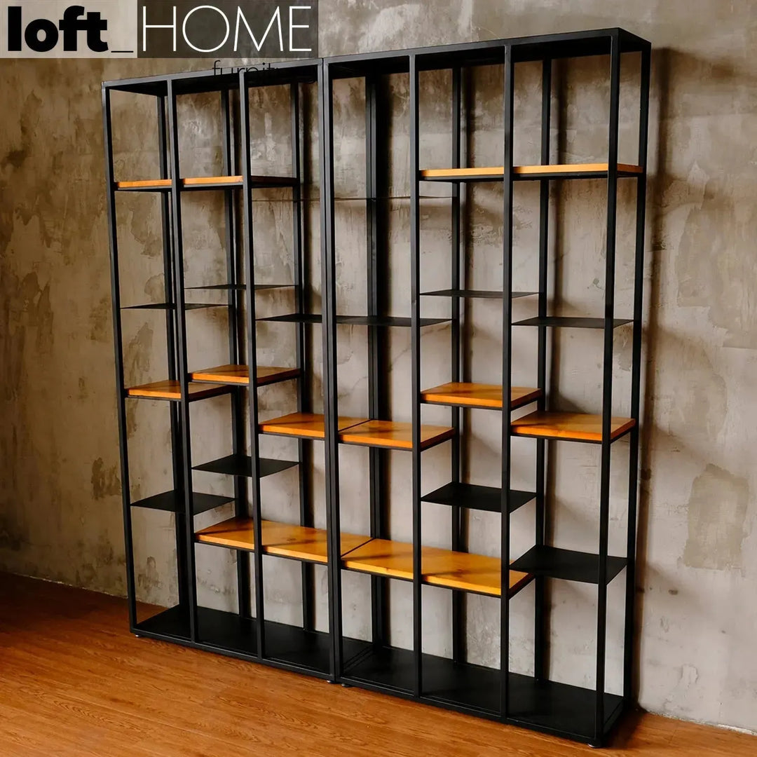 Industrial pine wood display shelf cozy environmental situation.