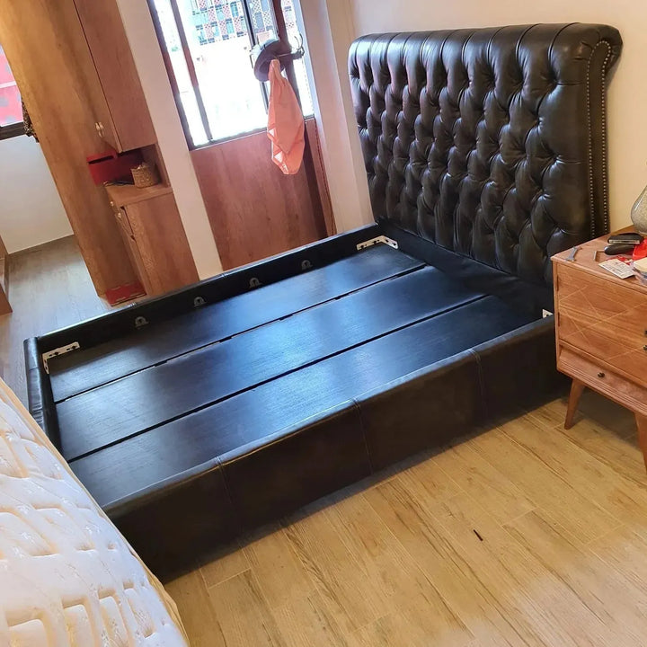 Vintage genuine leather bed frame chesterfield layered structure.